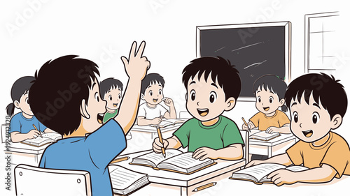 Students Raising Hands in Class vector illustration