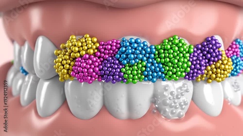 Detailed animation of dental plaque accumulating on teeth and then being cleaned