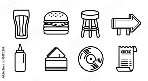 Set of diner and restaurant line icons, including food, drink, and bar elements.