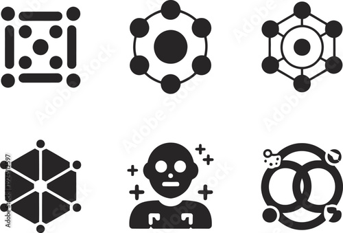 A collection of six black and white molecular structure icons