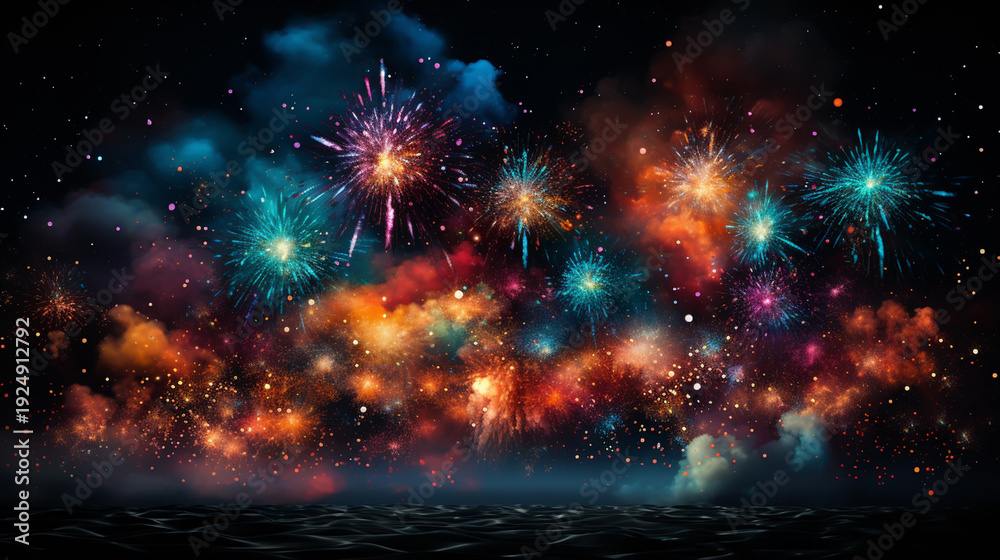 Fototapeta premium Festive firework rockets bursting in big sparkling star balls poster with black background abstract illustration