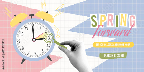 Spring Forward Daylight Saving Time March 8, 2026 collage style banner