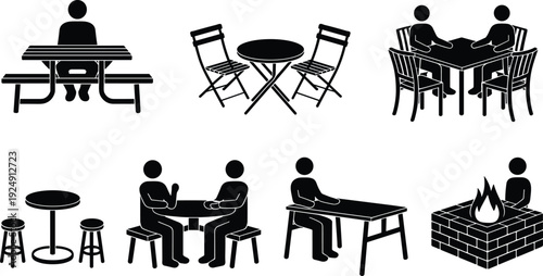 Folding table and round pedestal table silhouette collection with portable banquet and catering furniture isolated on white background for event setup design