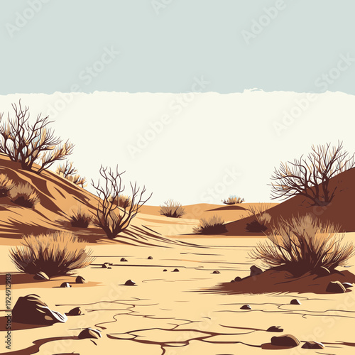 Dry Desert Landscape with Barren Trees vector illustration