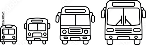 Front view bus icon set with different sizes of public transport vehicles isolated on white background, modern outline vector illustration collection