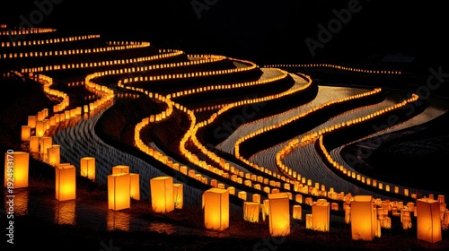 Illuminated Terrace: Rows of illuminated paper lanterns line a terraced landscape at night, creating a mesmerizing scene of light and shadow.