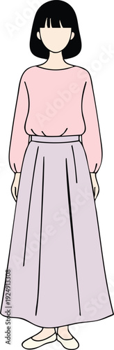 Minimalist illustration of a woman in a pink top and long skirt.