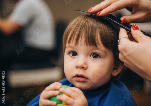 A child's first haircut. Close-up on the toddler's face, a look of curiosity, holding a toy, while the stylist gently trims the bangs.