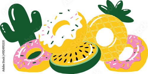 Sweet & Cute Cartoon Sticker Icon Set  Donuts, Fruits & Cactus