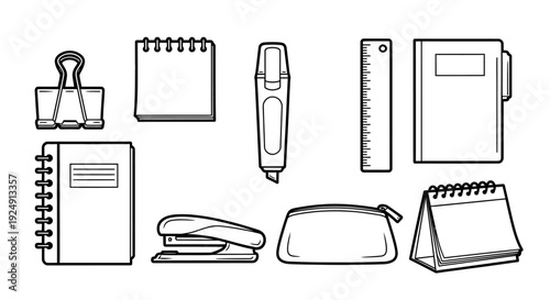 Vector illustration set of office and school stationery outlines.