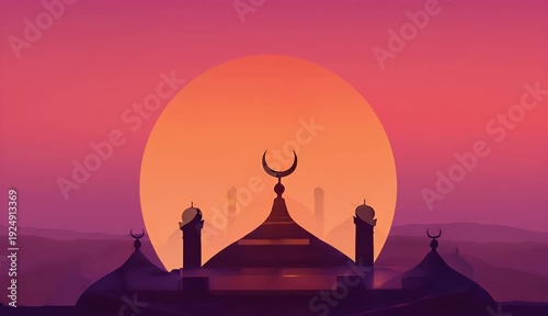 Majestic Islamic mosque silhouette at twilight, illuminated by a grand setting sun, evoking serene spiritual reflection and peaceful evening contemplation