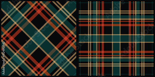 Plaid Fabric Patterns with Diagonal and Grid Designs in Green, Orange, and Beige