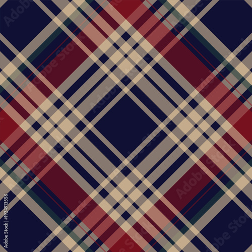 Classic Plaid Pattern with Navy, Red, and Beige Stripes on Fabric