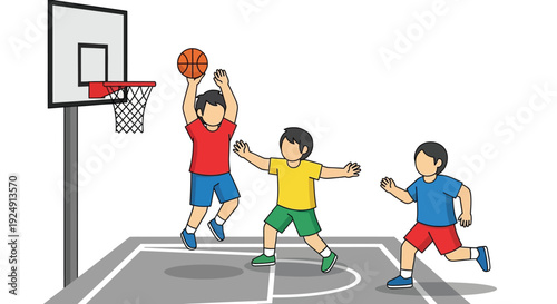 Three young boys playing basketball on an outdoor court, with one boy jumping to shoot the ball into the hoop while others defend and run.