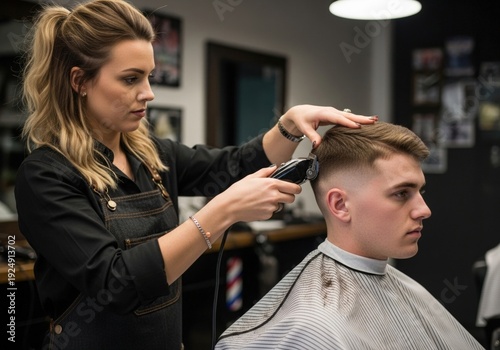 A professional female barber giving a sharp skin-fade haircut to a young man in a modern, industrial-style barbershop.