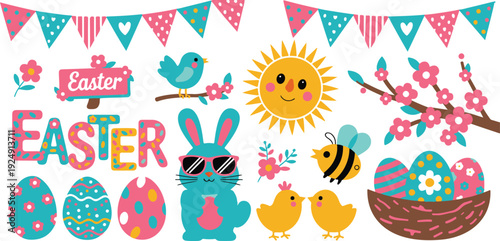 Adorable Easter Holiday Icon Set  Bunny, Eggs & Spring Flowers