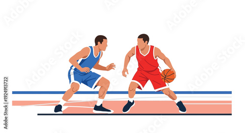 Two basketball players in blue and red jerseys facing each other on a court, one dribbling the ball during a game.