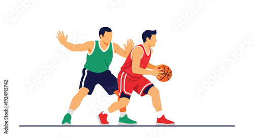 Two male basketball players in action, one dribbling the ball while the other defends him during a game.