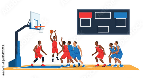 Dynamic basketball game scene with players in red and blue jerseys competing on the court, aiming for the hoop, with a scoreboard in the background.