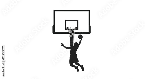 Silhouette of a basketball player performing a powerful slam dunk on a basketball hoop against a clean white background.