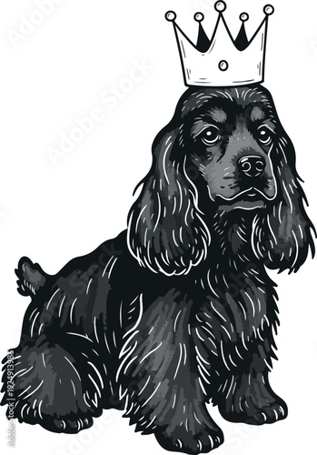 Black Cocker Spaniel Dog With Crown Detailed Vector Art