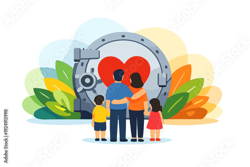 Family protected by a secure vault with a heart symbol inside.