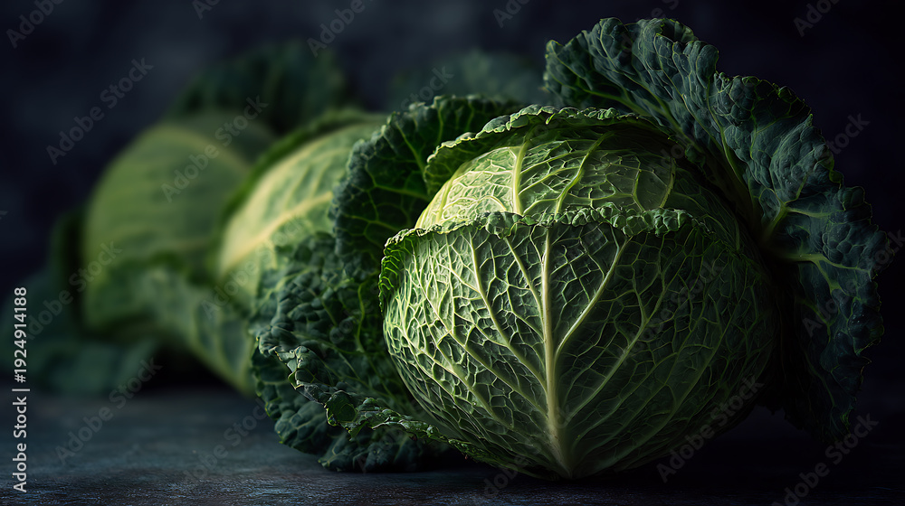 Fototapeta premium Close-up view of fresh green cabbages arranged in a row, with a focus on their textured leaves
