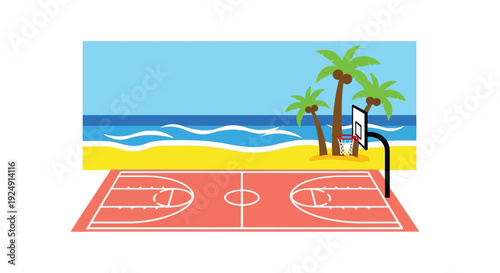 A vibrant illustration depicting a basketball court situated on a beach with palm trees and ocean waves under a clear blue sky.