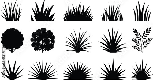 Grass, tree and bush silhouette set with decorative garden plants and tropical foliage isolated on white background for landscape and nature design