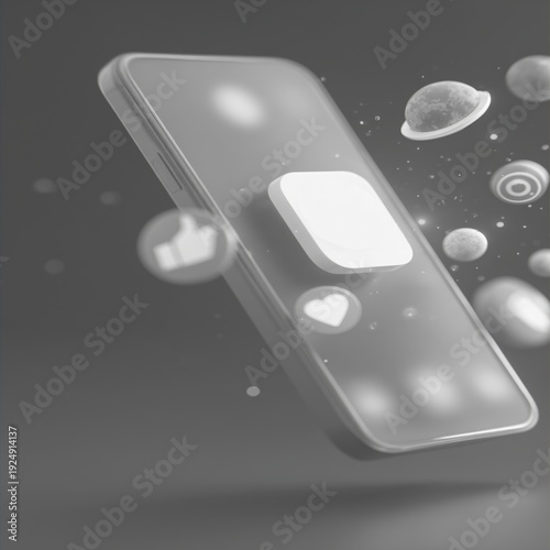 A modern smartphone hovers in a dynamic composition, surrounded by floating icons of social media engagement. 