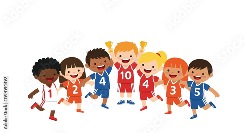 A diverse group of happy children in colorful sports jerseys holding hands and smiling, celebrating friendship and teamwork.