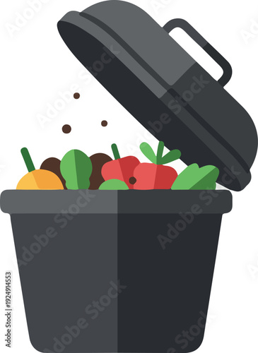 Black Trash Can Overflowing With Fresh Vegetables Flat Design