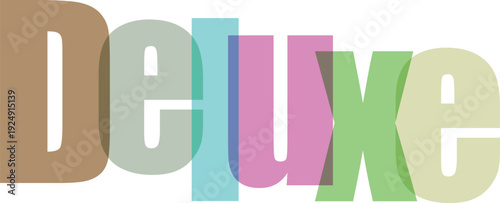 Colorful typography spelling deluxe in pastel colors with overlapping letters on transparent background