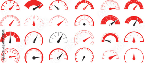 Speedometers, Red Indicators Collection, Various Levels, professional vector pack showing car, truck, and vehicle speed gauges, red-level indicators, performance measurement symbols