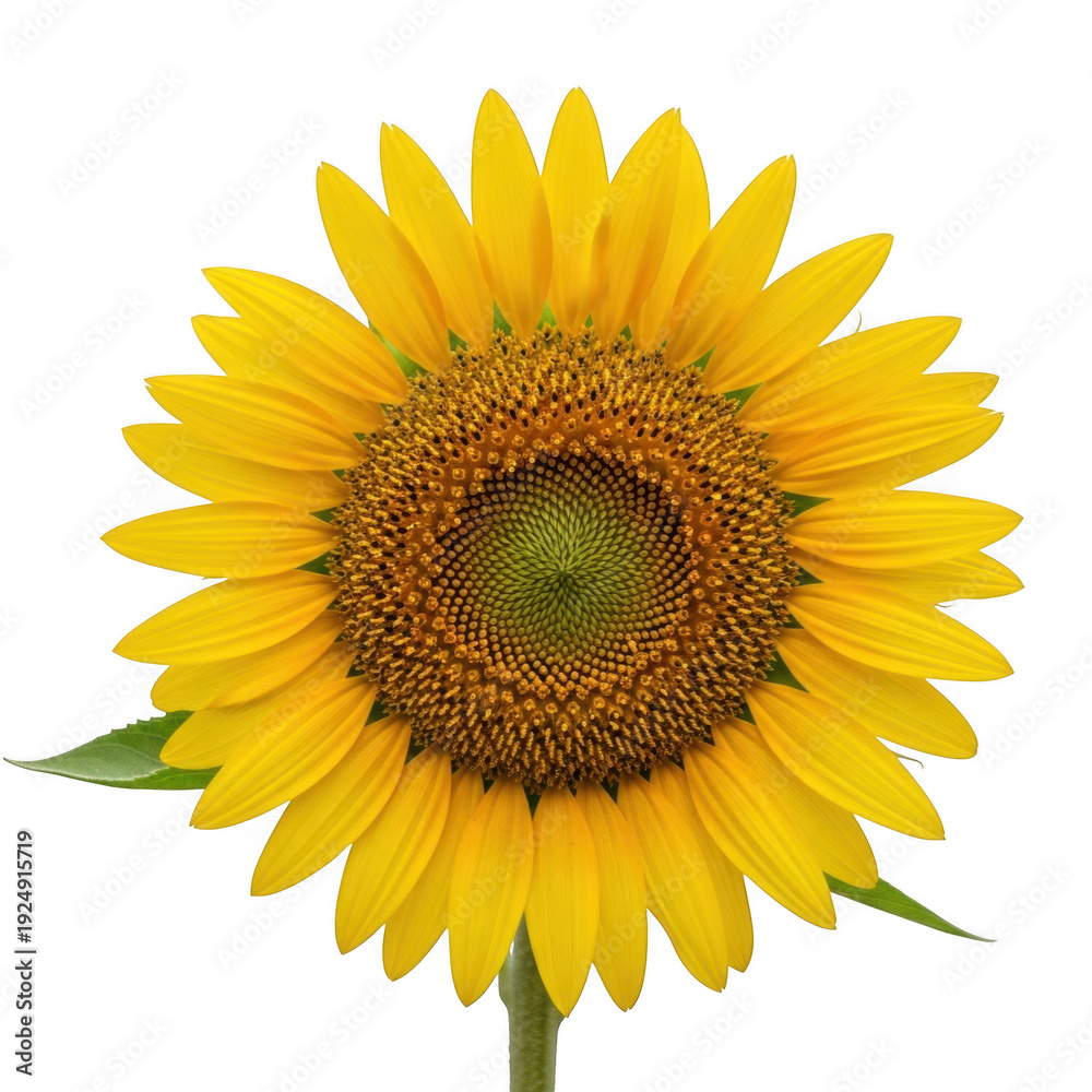 Naklejka premium A close-up view of a vibrant sunflower with a bright yellow center and green leaves. isolated on transparent background