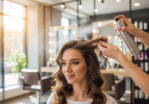 A beautiful girl in a beauty salon gets a chic hairstyle. Sprays with hairspray