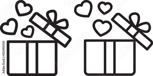 Simple Line Icons of Two Open Gift Boxes with Ribbons and Floating Hearts, Representing Love and Surprise