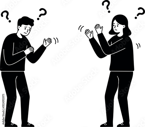 Confused Man Woman Black Silhouette Question Marks Isolated White Background