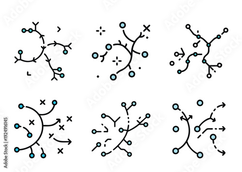 Complex Network Topology with Arrows, Dots, and X Symbols for Different States