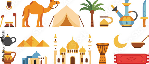 Middle Eastern Desert Culture Icon Set  Camel, Tent & Mosque