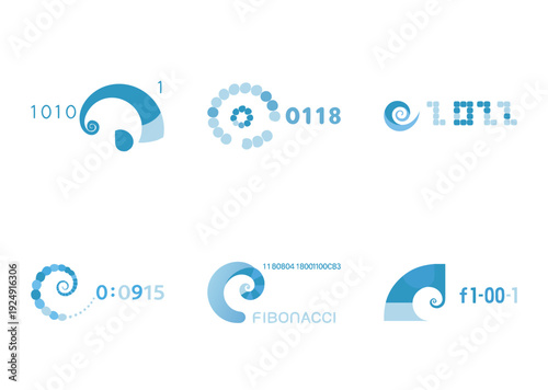 Illustrations of Fibonacci sequence spirals with various numeric and alphanumeric representations