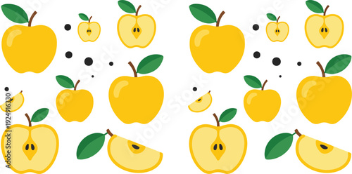 Fresh Yellow Apple Seamless Pattern  Whole & Sliced Fruits