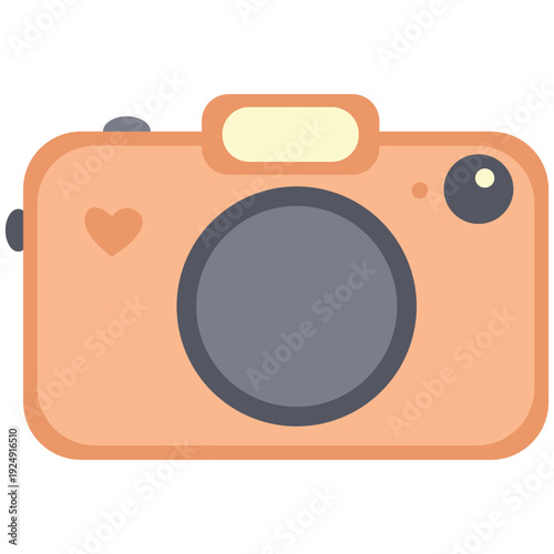 Bright orange camera with a heart symbol, representing photography, creative moments, and capturing memories in a playful, colorful design.
