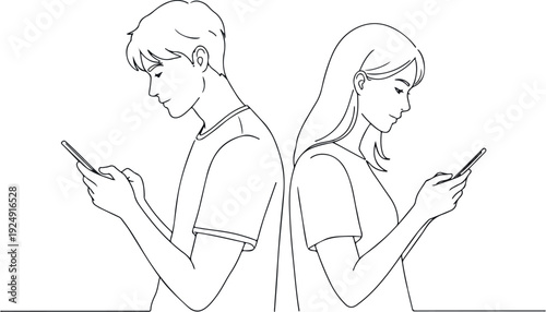 Couple Looking at Phones Minimalist Line Art Isolated Person