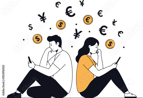 Couple Sitting Using Phones With Currency Symbols Floating Above