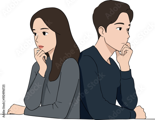 Couple Thinking Back To Back White Background Flat Design