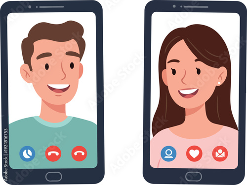 Couple Video Calling on Phones Flat Design Minimal Illustration