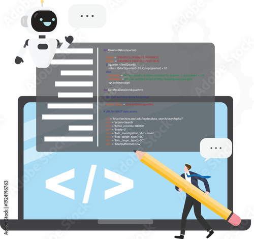 AI Programming and Software Development Automation Concept with Robot Assistant and Businessman Writing Code on Laptop