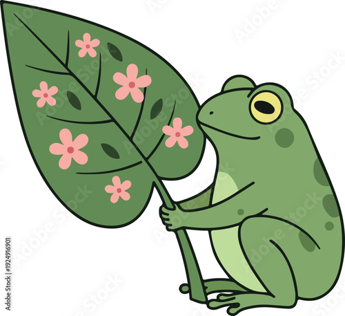 Cute Frog Holding Flower Leaf Green Minimal Illustration