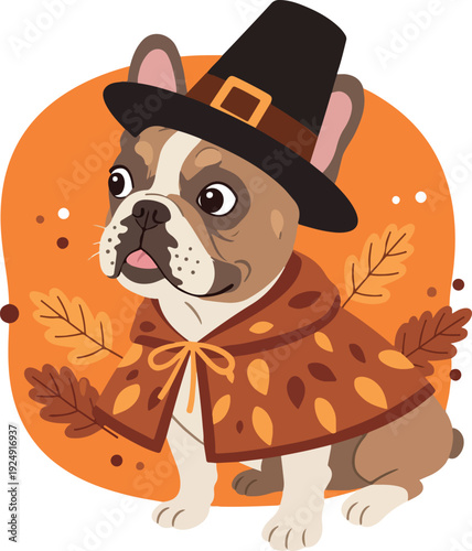 Cute French Bulldog in Pilgrim Hat and Autumn Leaves Cloak